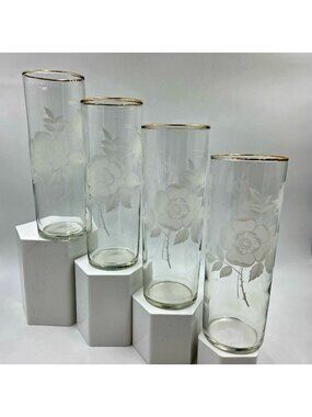 Etched Rose Floral Design with Gold Rim Set of 4 Tall Drink Glass